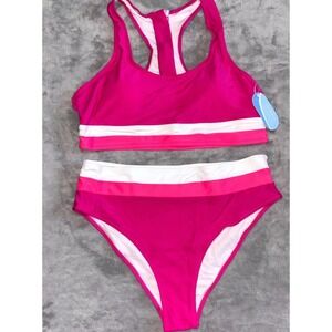 Hilinker Two Piece Bikini Set Swimsuit Womens XL Hot Pink Stretch High Waisted